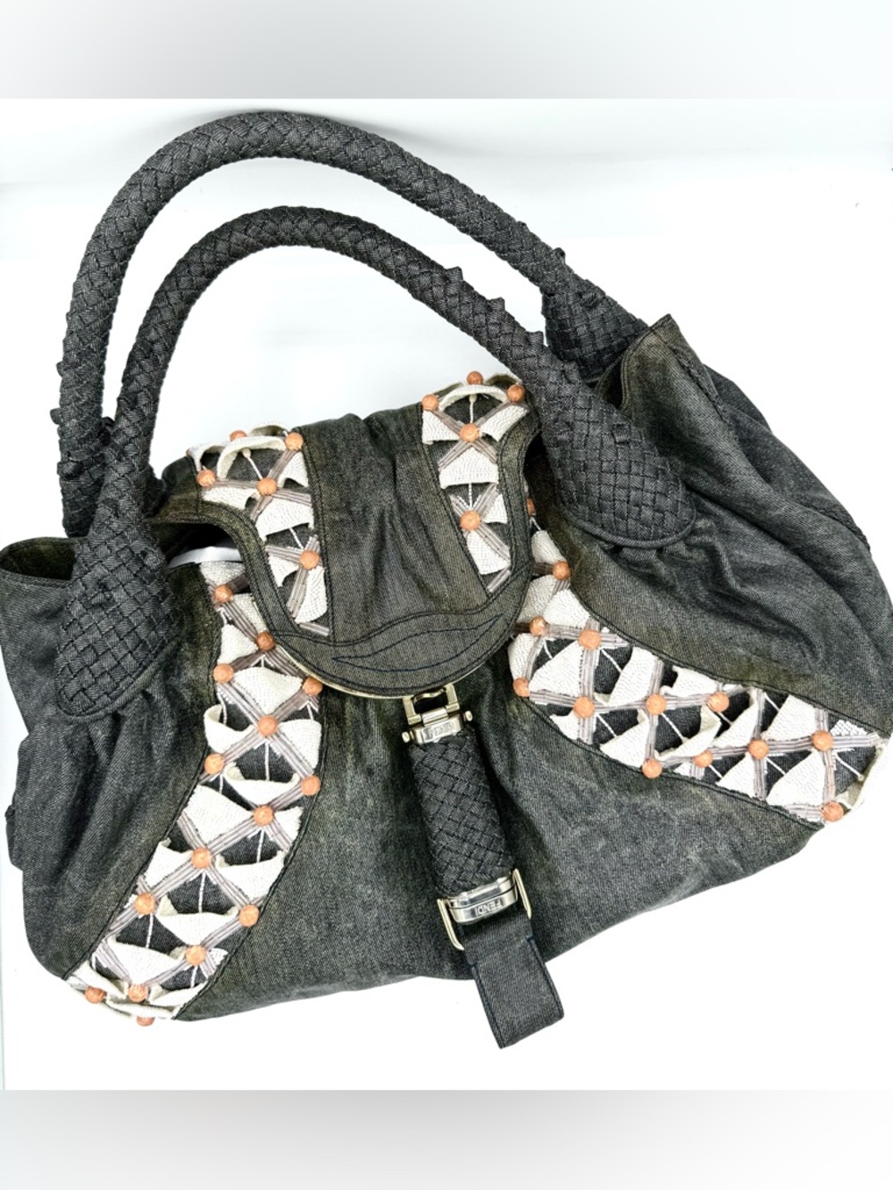 Fendi Limited Edition Gray Canvas Beaded Embellished Spy Bag